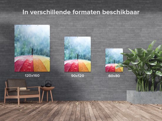 Gards Poster de jardin Parapluie arc-en-ciel avec pluie - 90x120 cm - Toile de jardin - Décoration de jardin - Décoration murale extérieure - Tableau de jardin