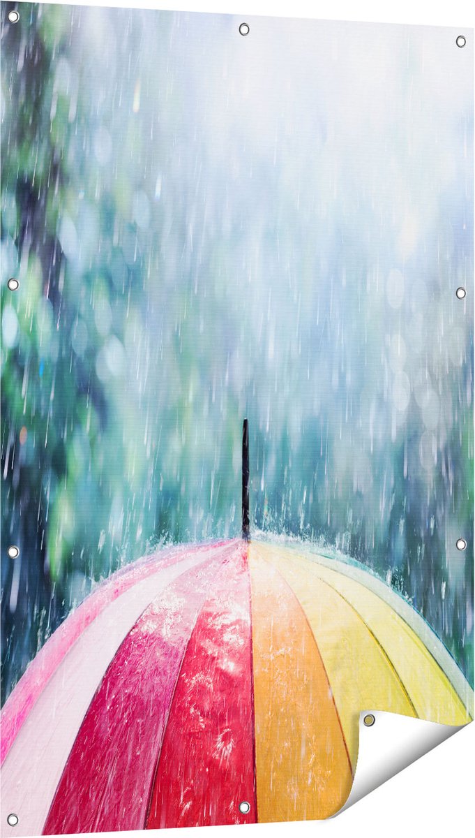 Gards Tuinposter Regenboog Paraplu met Regen - 80x120 cm - Tuindoek - Tuindecoratie - Wanddecoratie buiten - Tuinschilderij Multikleur