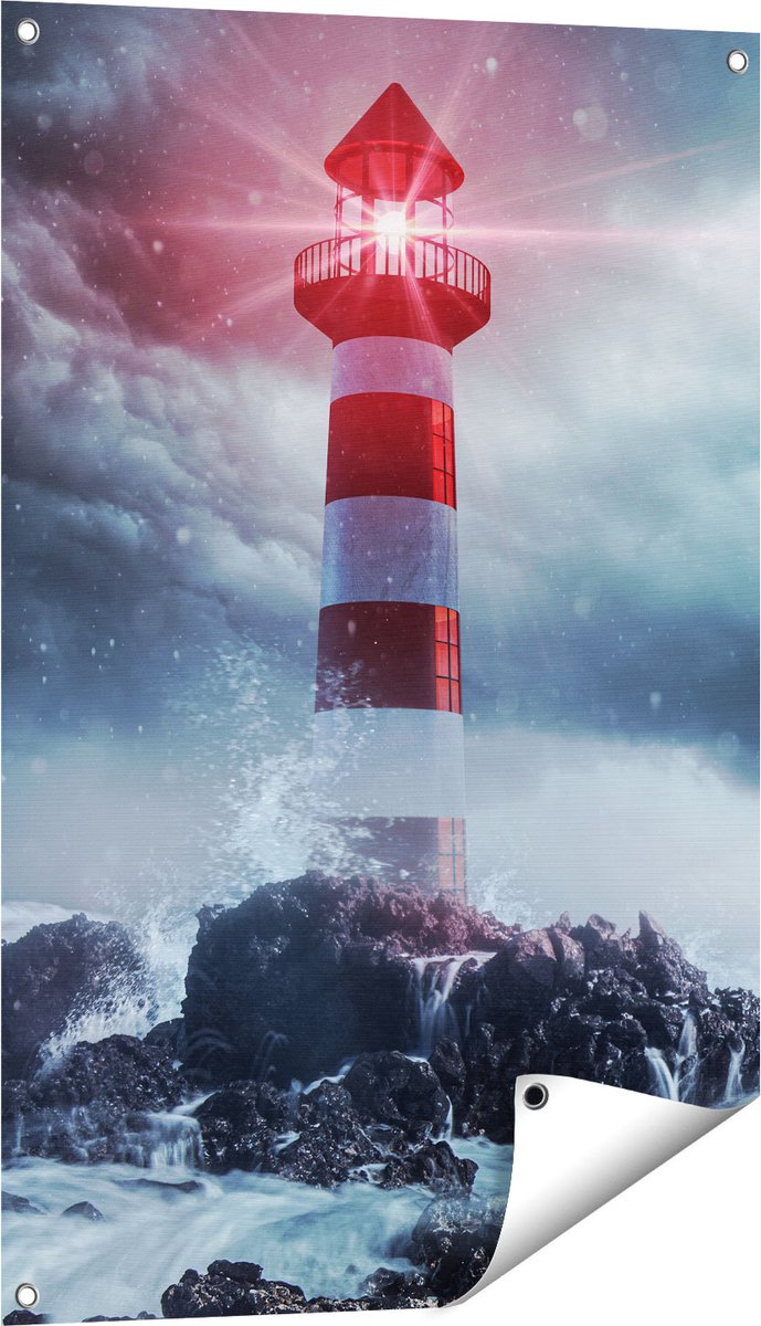 Gards Tuinposter Vuurtoren tijdens een Storm - 60x90 cm - Tuindoek - Tuindecoratie - Wanddecoratie buiten - Tuinschilderij Multikleur