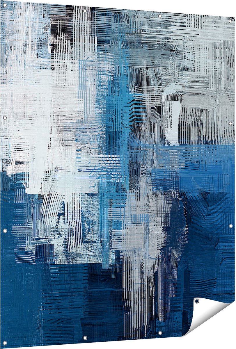 Gards Tuinposter Abstracte Kunst - Blauw Witte Penseelstreken - 120x150 cm - Tuindoek - Tuindecoratie - Wanddecoratie buiten - Tuinschilderij Multikleur