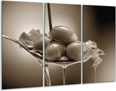 Glasschilderij Olijven, Keuken - Sepia - 120x80cm 3Luik - Foto Op Glas - Geen Acrylglas Schilderij - GroepArt 6000+ Glas Art Collectie - Maatwerk Mogelijk