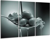 Glasschilderij Olijven, Keuken - Grijs, Groen - 120x80cm 3Luik - Foto Op Glas - Geen Acrylglas Schilderij - GroepArt 6000+ Glas Art Collectie - Maatwerk Mogelijk