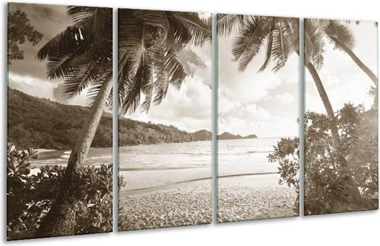 GroepArt - Glasschilderij - Zee, Strand - Sepia - 160x80cm 4Luik - Foto Op Glas - Geen Acrylglas Schilderij - 6000+ Glasschilderijen Collectie - Wanddecoratie