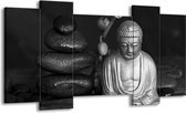 GroepArt - Schilderij - Boeddha, Stenen - Zwart, Wit, Grijs - 120x65cm 5Luik - Foto Op Canvas - GroepArt 6000+ Schilderijen 0p Canvas Art Collectie - Wanddecoratie