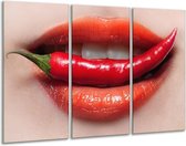 GroepArt - Schilderij -  Vrouw, Lippen - Rood, Crème - 120x80cm 3Luik - 6000+ Schilderijen 0p Canvas Art Collectie