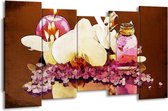 GroepArt - Canvas Schilderij - Orchidee - Paars, Wit, Bruin - 150x80cm 5Luik- Groot Collectie Schilderijen Op Canvas En Wanddecoraties