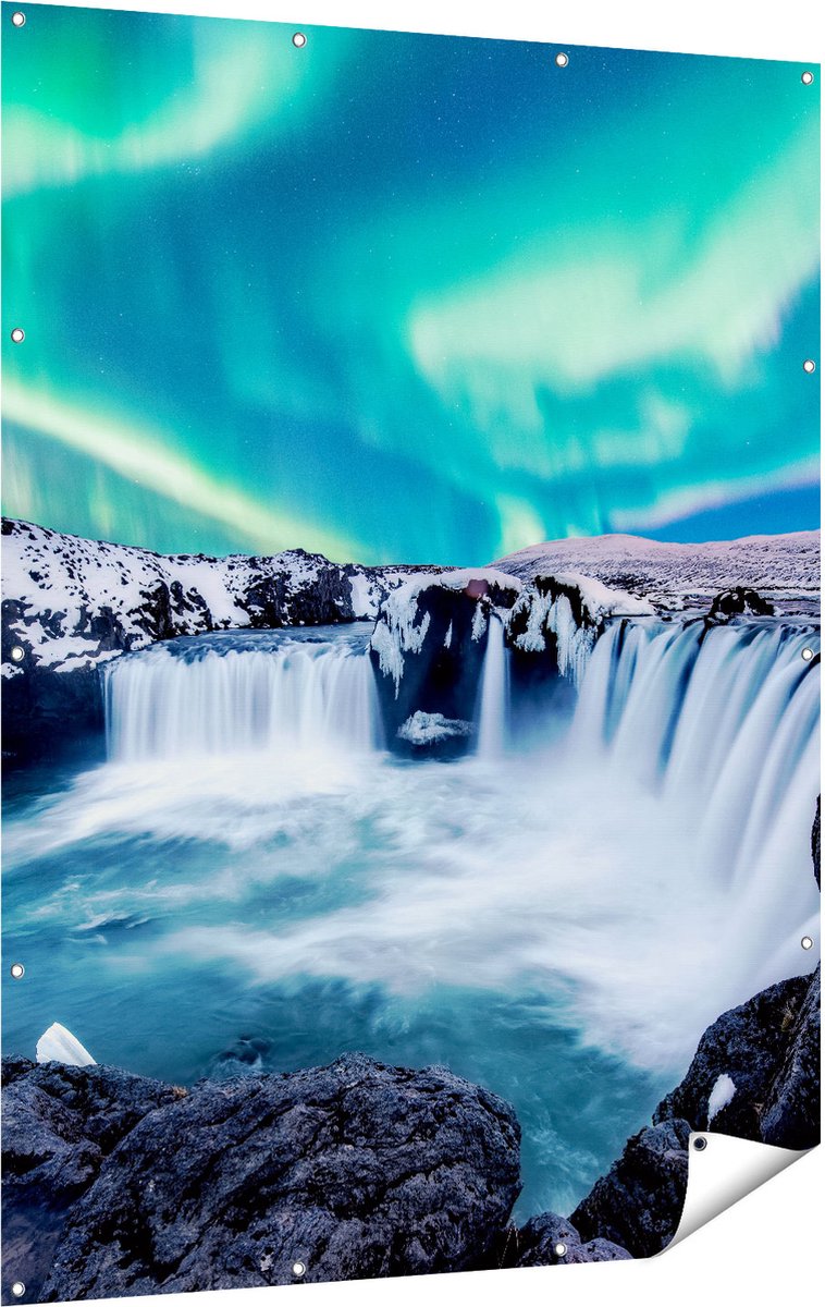 Gards Tuinposter Watervallen met het Groene Noorderlicht - 120x160 cm - Tuindoek - Tuindecoratie - Wanddecoratie buiten - Tuinschilderij Multikleur