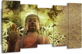 GroepArt - Canvas Schilderij - Boeddha, Beeld - Bruin, Groen - 150x80cm 5Luik- Groot Collectie Schilderijen Op Canvas En Wanddecoraties