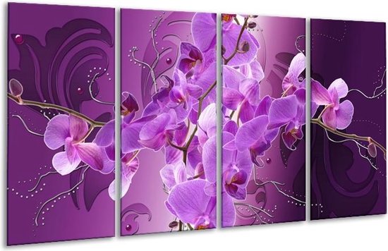 GroepArt - Glasschilderij - Orchidee - Paars - 160x80cm 4Luik - Foto Op Glas - Geen Acrylglas Schilderij - 6000+ Glasschilderijen Collectie - Wanddecoratie