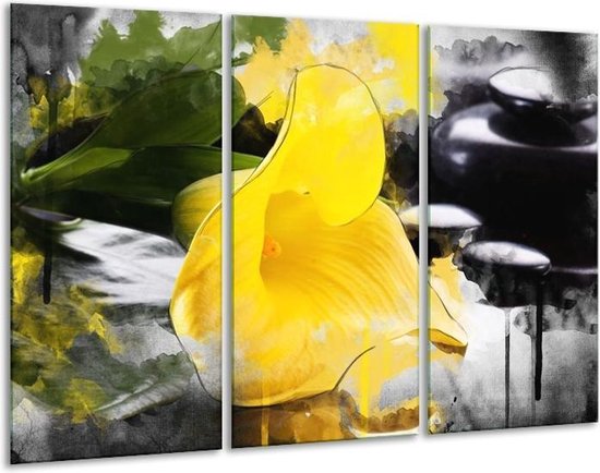 GroepArt - Schilderij -  Bloem - Geel, Zwart, Groen - 120x80cm 3Luik - 6000+ Schilderijen 0p Canvas Art Collectie