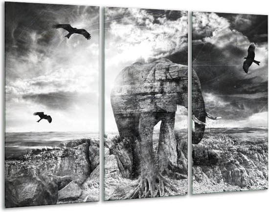 GroepArt - Schilderij -  Olifant - Grijs, Zwart, Wit - 120x80cm 3Luik - 6000+ Schilderijen 0p Canvas Art Collectie