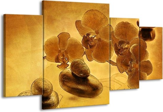 GroepArt - Schilderij -  Orchidee - Bruin - 160x90cm 4Luik - Schilderij Op Canvas - Foto Op Canvas