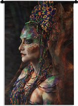 Wandkleed - Vrouw - Kralen - Verf - Glitter - Portret - Woondecoratie - Tapestry - Wandtapijt - Katoen - Wanddoek - 90x135 cm - Wandkleden voor binnen - Muurkleed - Slaapkamer decoratie - Muurdecoratie - Wandkleden