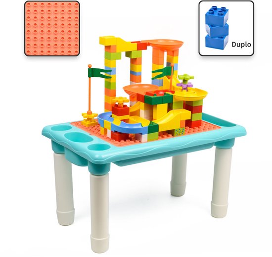 Kindertafel Bouwtafel - Speeltafel met bouwplaat (Voor Duplo® blokken) en vlakke kant - 4 Vakken - Met 78 Bouwstenen