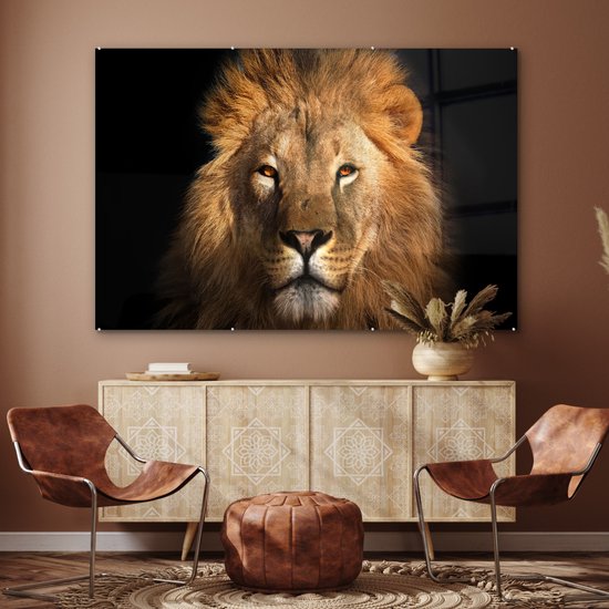 Peinture sur verre - Verre acrylique - Lion - Zwart - Animal - Décoration murale - Peinture sur verre - 150x100 cm - Photo sur verre