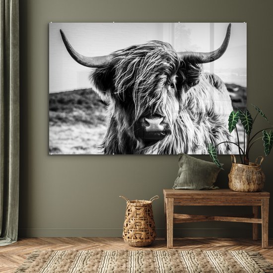 Peinture sur verre - Photo sur verre - Highlander écossais - Nature - Vache - Zwart et blanc - Verre acrylique - Décoration murale - 150x100 cm - Peinture sur verre Highlander écossais - Peinture sur verre - Décoration d'intérieur
