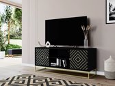 Tv-meubel PRISMIN - 2 deuren en 2 laden - Mango en metaal - Zwart L 130 cm x H 55 cm x D 40 cm