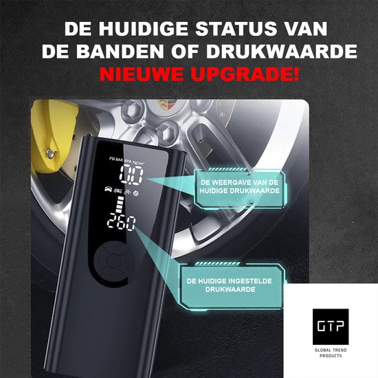 GTP Draagbare Luchtcompressor - Elektrische Bandenpomp - Luchtcompressor Oplaadbaar - Fiets Motor Auto en Ballen - Powerbank - Zaklamp — afbeelding 5
