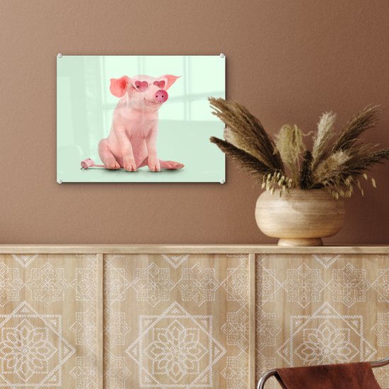 MuchoWow® Peinture sur verre 40x30 cm - Peinture sur verre acrylique - Cochon - Rose - Lunettes - Prise - Animaux - Photo sur verre - Peintures