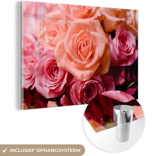 ® Glasschilderij 120x80 cm - Schilderij acrylglas - Natte rozen met dauw - Foto op glas - Muurdecoratie woonkamer - Wanddecoratie slaapkamer - Schilderijen