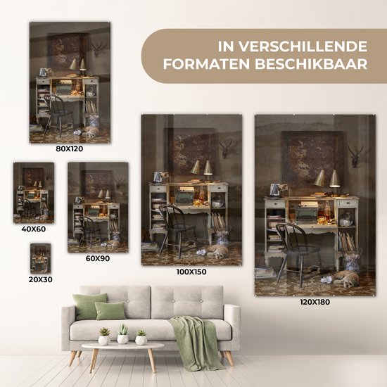 MuchoWow® Peinture sur Verre - Machine à écrire Vintage sur un Bureau Blanc - 60x90 cm - Peintures sur Verre Peintures - Photo sur Glas