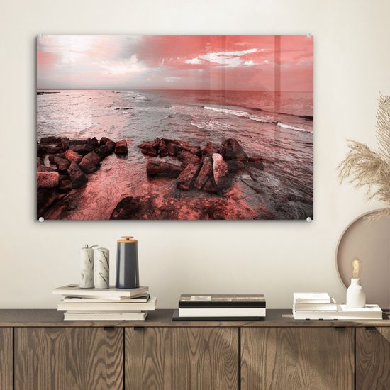 Peinture sur verre MuchoWow® - Rochers au bord de l'eau - 60x40 cm - Peintures sur verre acrylique - Photo sur Glas