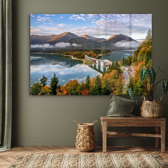 MuchoWow® Peinture sur verre 180x120 cm - Peinture sur verre acrylique - Alpes - Pont - Forêt - Photo sur verre - Peintures