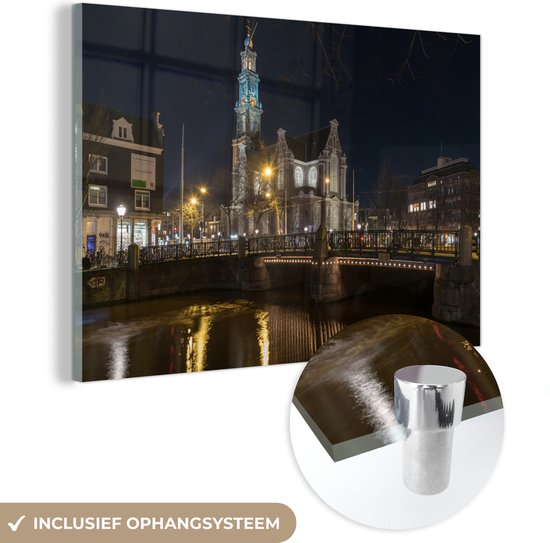 Glasschilderij - Westerkerk in Amsterdam in de nacht - Acrylglas Schilderijen - Foto op Glas