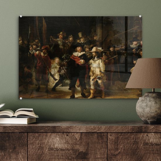 MuchoWow® Peinture sur Verre - La Nachtwacht - Art - Maîtres Anciens - Rembrandt - 60x40 cm - Peintures sur Verre Acrylique - Photo sur Glas