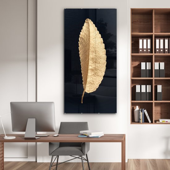 MuchoWow® Tableau sur Verre - Feuilles - Noir et Or - Luxe - Chic - Nature - 80x160 cm - Peintures sur Verre Acrylique - Photo sur Glas