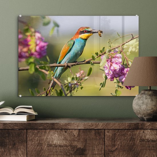MuchoWow® Peinture sur verre 60x40 cm - Peinture sur verre acrylique - Vogel - Guêpier - Fleurs - Photo sur verre - Peintures