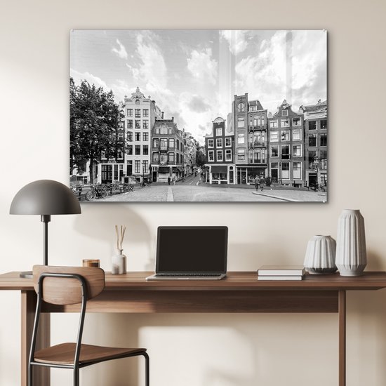 MuchoWow® Peinture sur verre 120x80 cm - Peinture sur verre acrylique - Maisons de canal Amsterdam - noir et blanc - Photo sur verre - Peintures