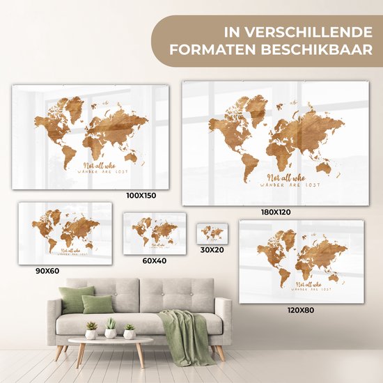 Peinture sur Verre - Carte du Wereldkaart - Bronze - Corde - 180x120 cm - Peintures sur Verre Peintures - Photo sur Glas