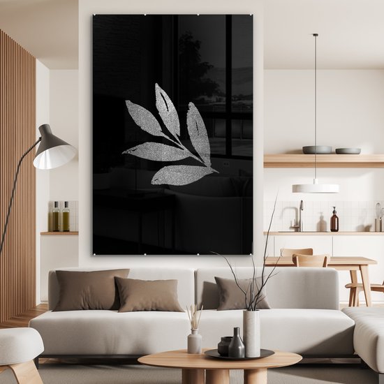 Peinture sur verre - Branche avec cinq feuilles sur fond noir - noir et blanc - 100x150 cm - Peintures sur Verre Peintures - Photo sur Glas