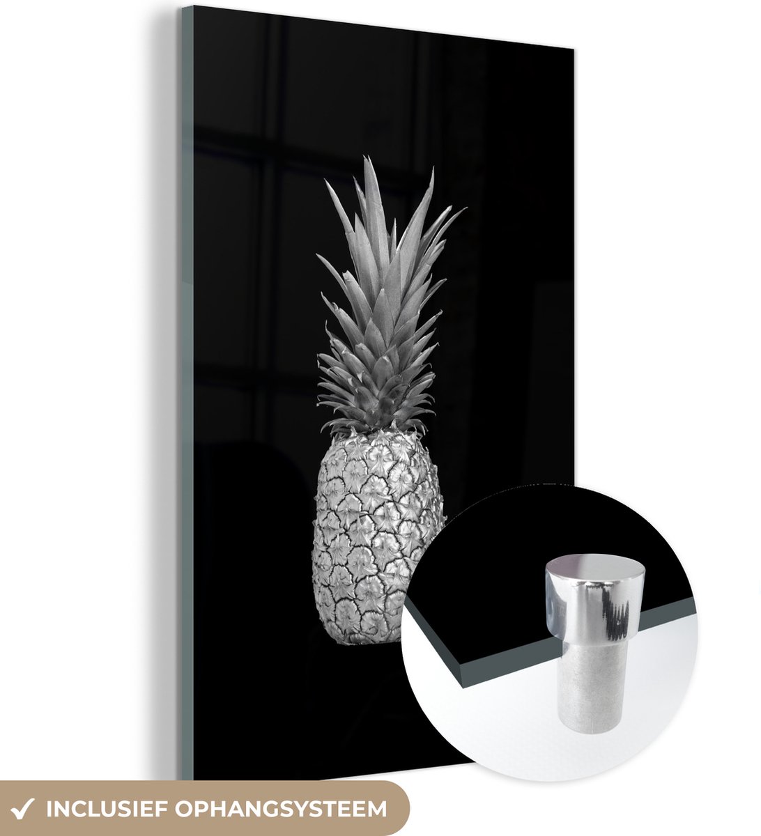 ® Glasschilderij 120x180 cm - Schilderij acrylglas - Ananas - Rosé goud - Zwart - Foto op glas - Muurdecoratie woonkamer - Wanddecoratie slaapkamer - Schilderijen