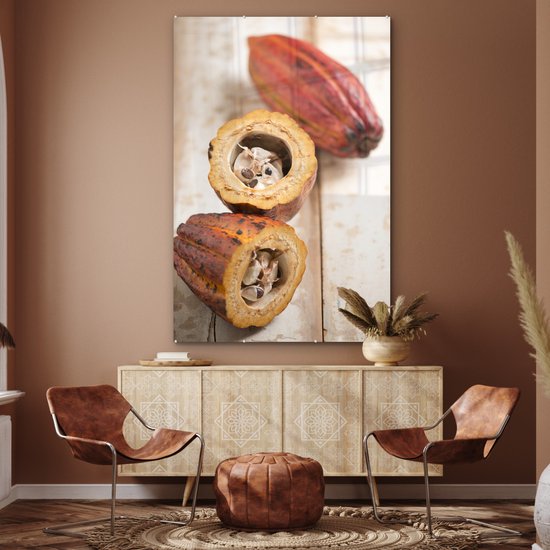 Peinture sur verre MuchoWow® - La coque de la gousse en deux avec les fèves de cacao au milieu - 100x150 cm - Peintures sur verre acrylique - Photo sur Glas