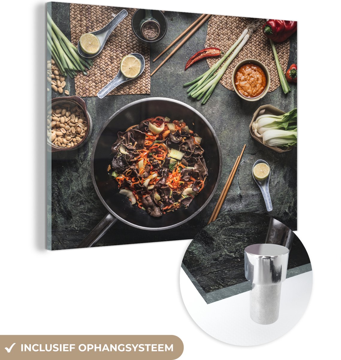 ® Glasschilderij 160x120 cm - Schilderij acrylglas - Wok uit de Aziatische keuken - Foto o