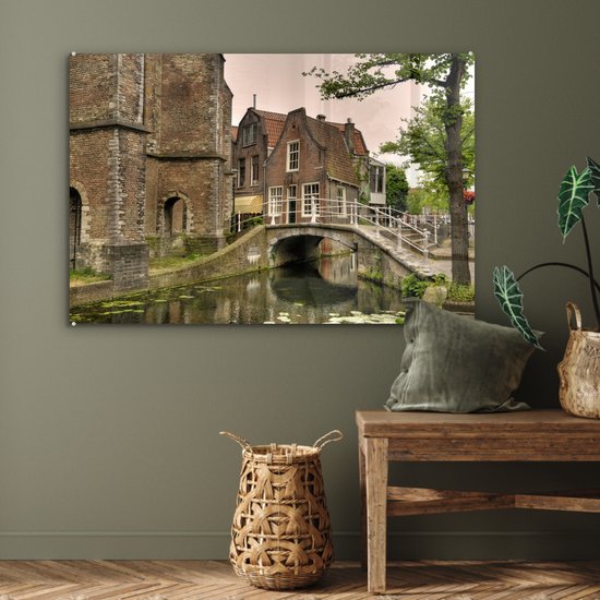MuchoWow® Peinture sur verre 90x60 cm - Peinture sur verre acrylique - Pont - Water - Delft - Photo sur verre - Peintures
