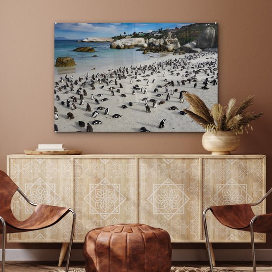 Een groep pinguïns op een zandstrand bij de oceaan, met rotsen en huizen op de achtergrond.