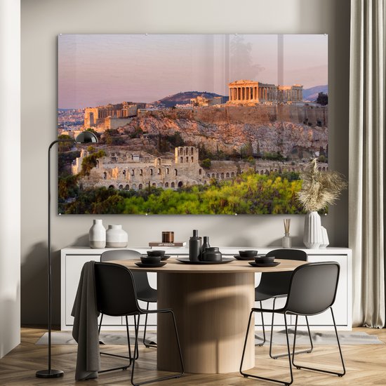 ® Glasschilderij 180x120 cm - Schilderij acrylglas - Tempel - Griekenland - Berg - Foto op glas - Muurdecoratie woonkamer - Wanddecoratie slaapkamer - Schilderijen