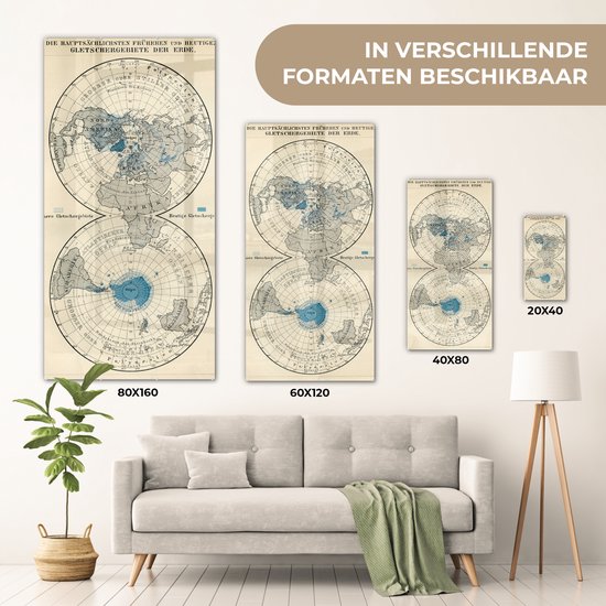 Peinture sur Verre - Glaciers sur Carte du Monde Vintage - 20x40 cm - Peintures sur Verre Peintures - Photo sur Glas
