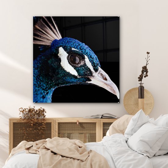 ® Glasschilderij 90x90 cm - Schilderij acrylglas - Pauw - Dier - Blauw - Foto op glas - Muurdecoratie woonkamer - Wanddecoratie slaapkamer - Schilderijen