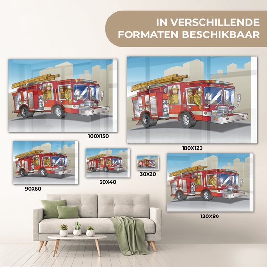 ® Glasschilderij 60x40 cm - Schilderij acrylglas - Kinderillustratie van brandweermannen in brandweerauto - Foto op glas - Muurdecoratie woonkamer - Wanddecoratie slaapkamer - Schilderijen
