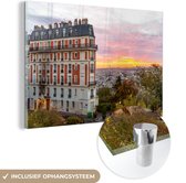 MuchoWow® Glasschilderij 90x60 cm - Schilderij acrylglas - Parijs - Skyline - Zon - Foto op glas - Schilderijen
