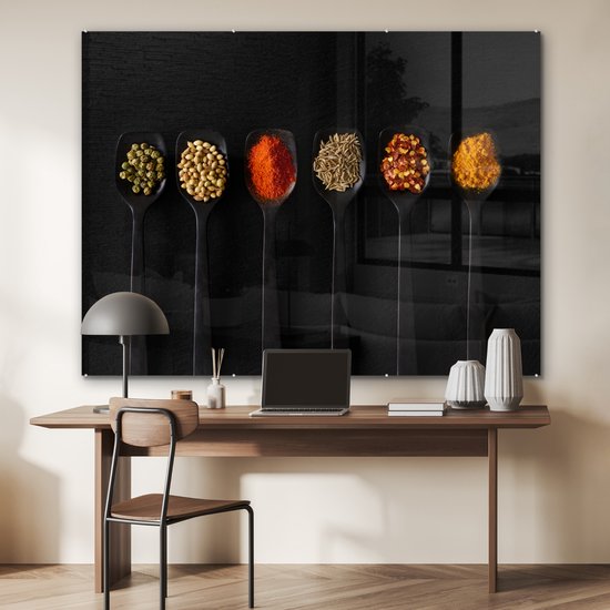 MuchoWow® Peinture sur verre 160x120 cm - Peinture sur verre acrylique - Cuillères - Épices - Zwart - Herbes - Rustique - Photo sur verre - Peintures