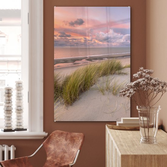 MuchoWow® Peinture sur verre 80x120 cm - Peinture sur verre acrylique - Plage - Mer - Dune - Nederland - Rose - Photo sur verre - Peintures