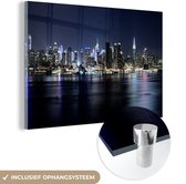 MuchoWow® Glasschilderij 180x120 cm - Schilderij acrylglas - New York - Licht - Skyline - Foto op glas - Schilderijen