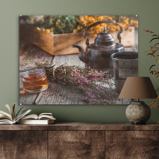 MuchoWow® Peinture sur verre 80x60 cm - Peinture sur verre acrylique - Thee - Théière - Herbes - Photo sur verre - Peintures