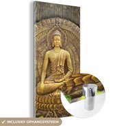 MuchoWow - Glasschilderij - Foto op glas - Boeddha - Zen - Brons - Buddha beeld - Muurdecoratie Boeddha - Wanddecoratie - 20x40 cm - Schilderij glas - Acrylglas