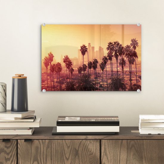MuchoWow - Peinture sur verre - Photo sur verre - Palmier - Los Angeles - Skyline - Verre acrylique - 30x20 cm - Peinture sur verre ville - Peinture sur verre - Décoration murale - Peintures salon